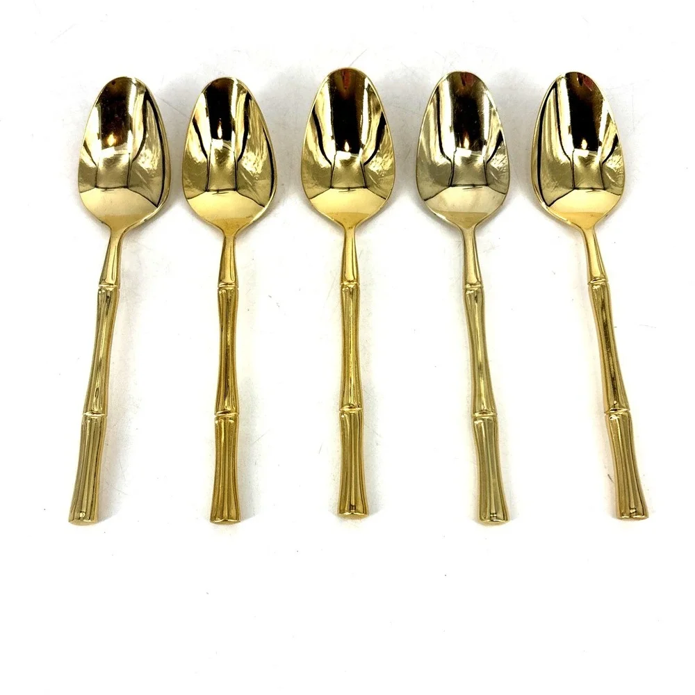 Vintage Brass Spoons Bamboo Style Handles‎ 6 Table Spoons Gold Tone *NEVER USED*